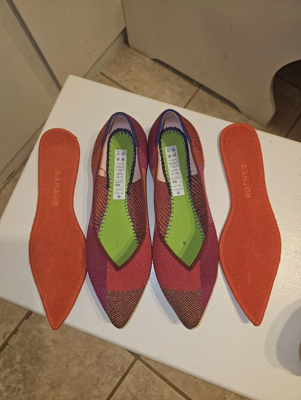 ROTHY'S 'The Point' Gorgeous Pomegranate/Metallic Fuschia Red Tangerine Size 8